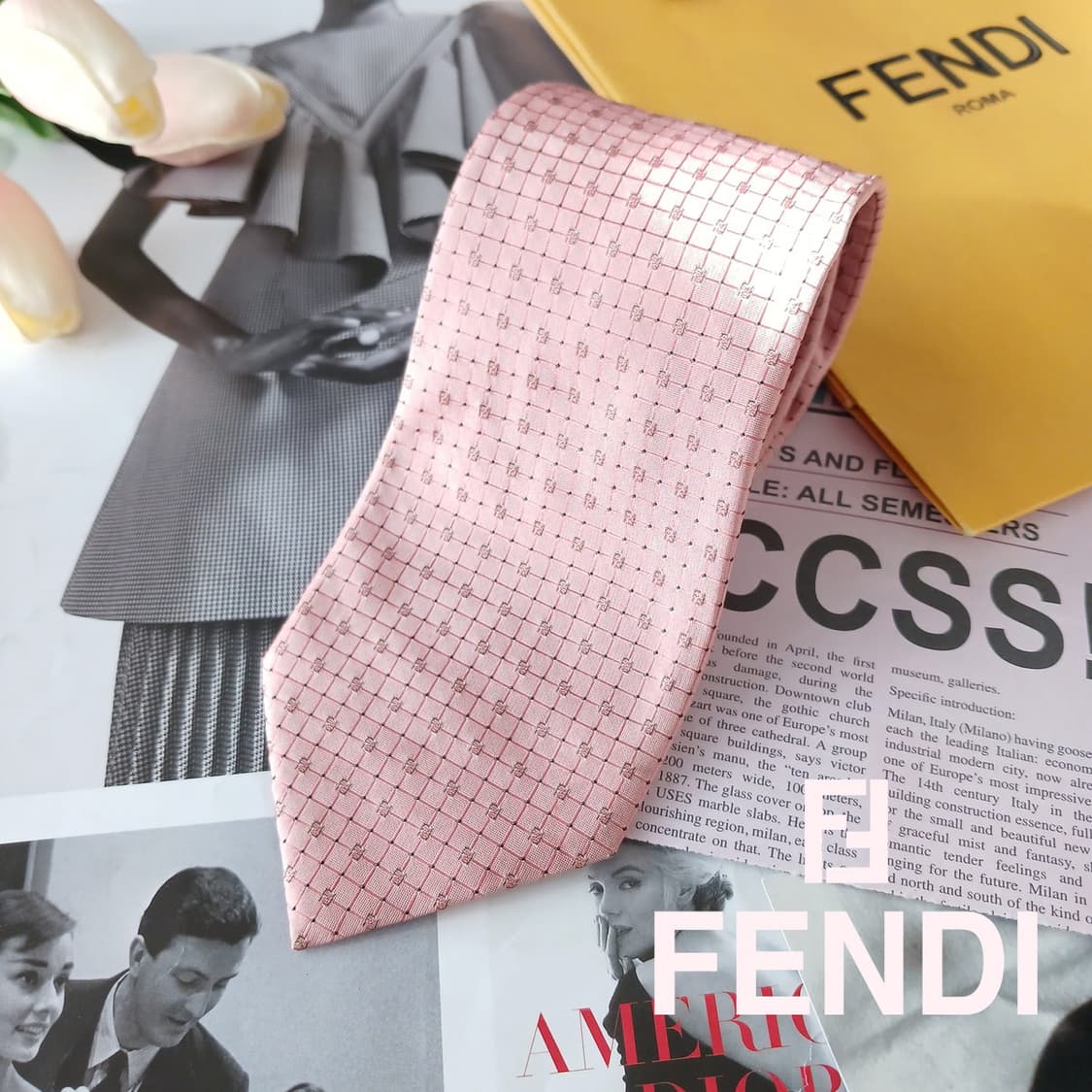 펜디 실크 핑크 자카드 로고 넥타이 8cm A등급 A19484 상품이미지1