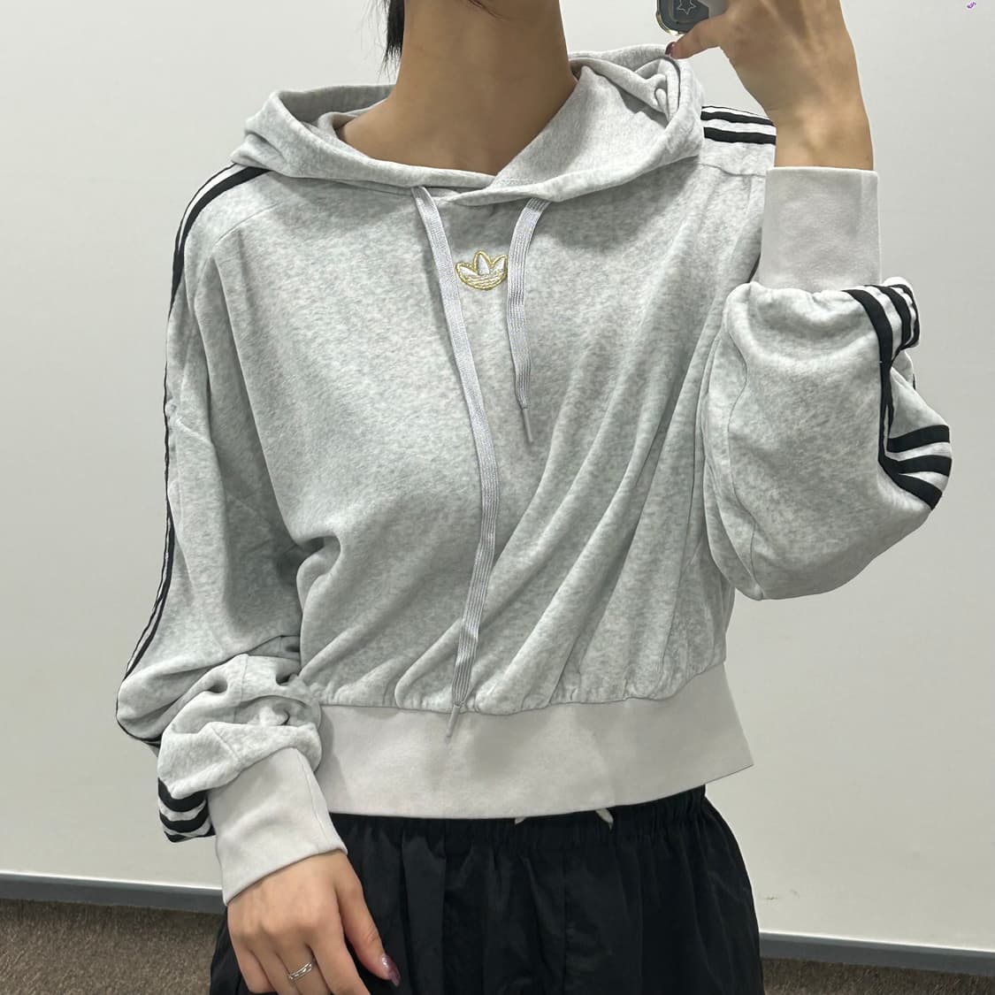 Adidas 아디다스 크롭 벨벳 멜란지그레이 후드 상품이미지1