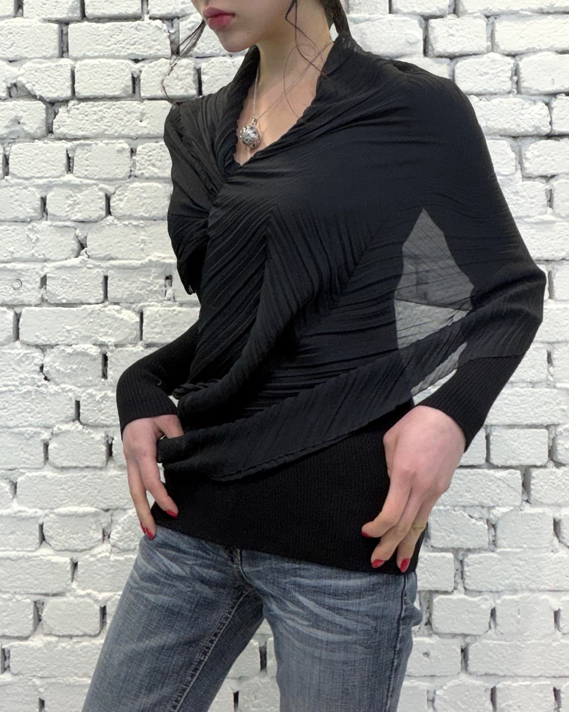 Pleated Scarf Layered Knit Top 상품이미지2