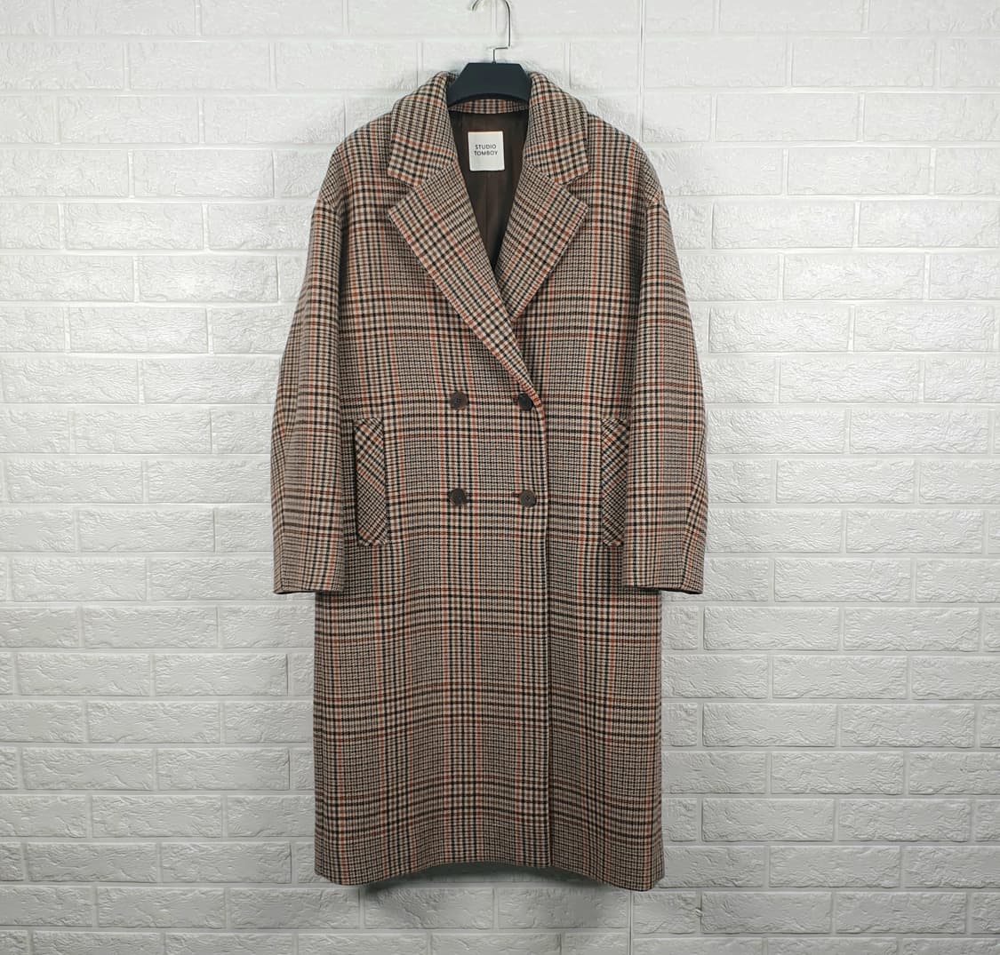 [55,66]스튜디오톰보이 브라운 체크 더블 롱 코트 상품이미지1