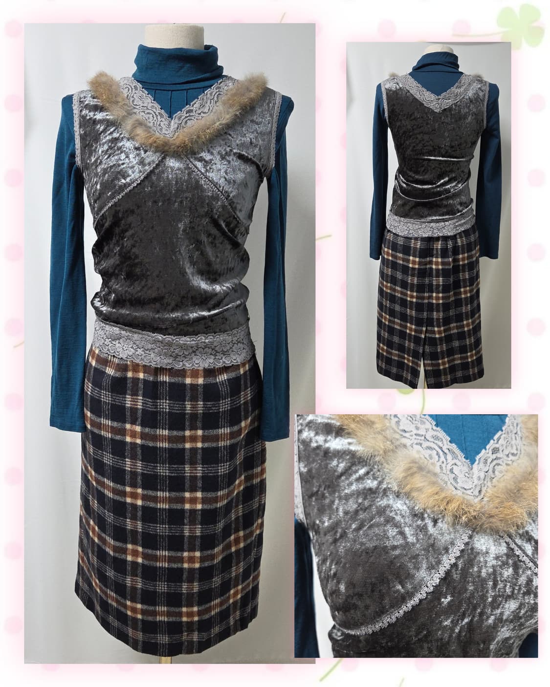 빈티지 코디 세트(청록폴라티, 회색벨벳슬리브리스, INGNI체크스커트) 상품이미지6