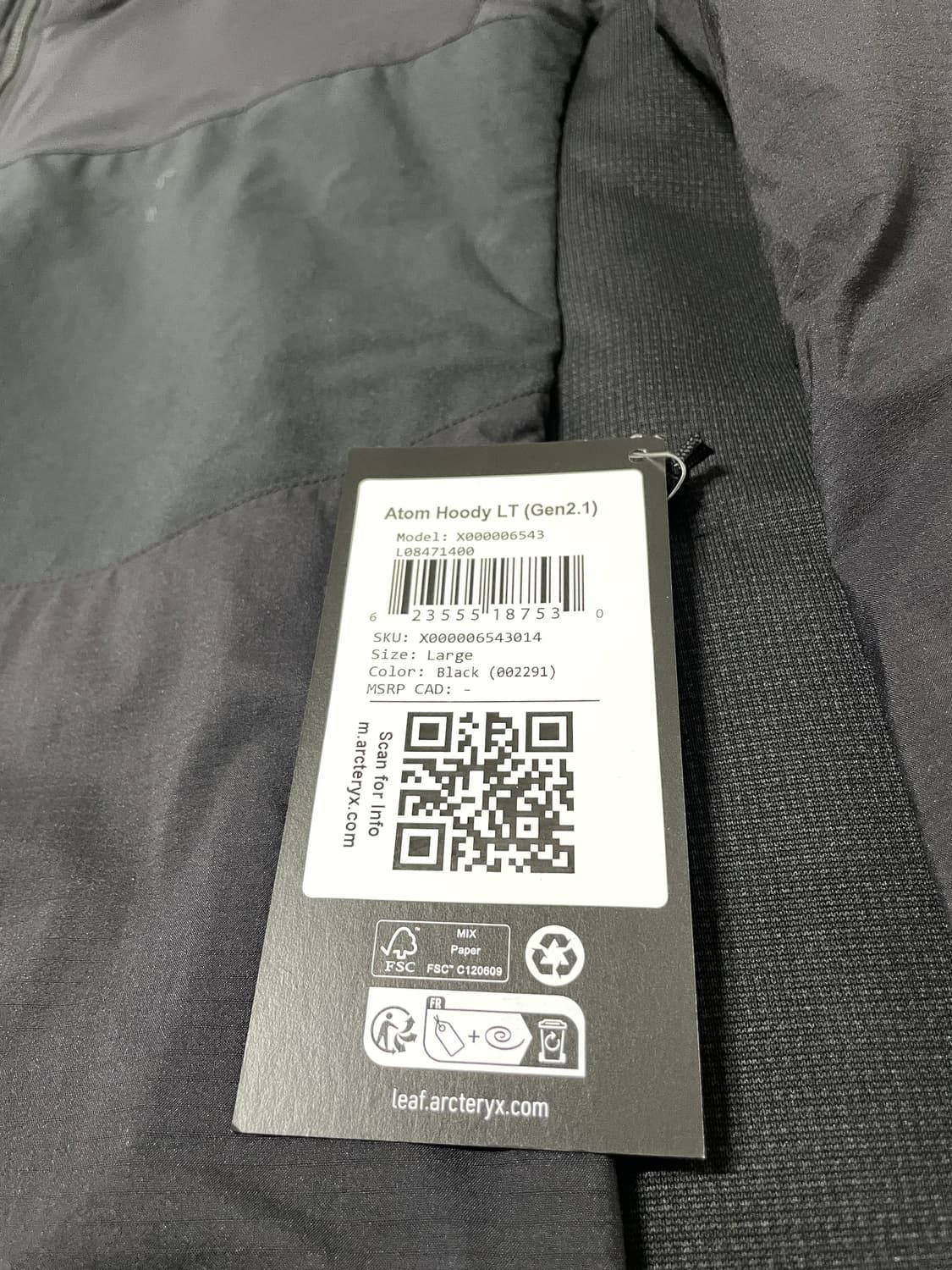 아크테릭스 리프 Atom Hoody LT (Gen2.1) Black L 상품이미지3