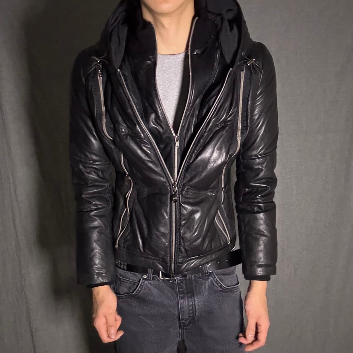 GK 가죽 후드집업 패딩 블랙 상품이미지2