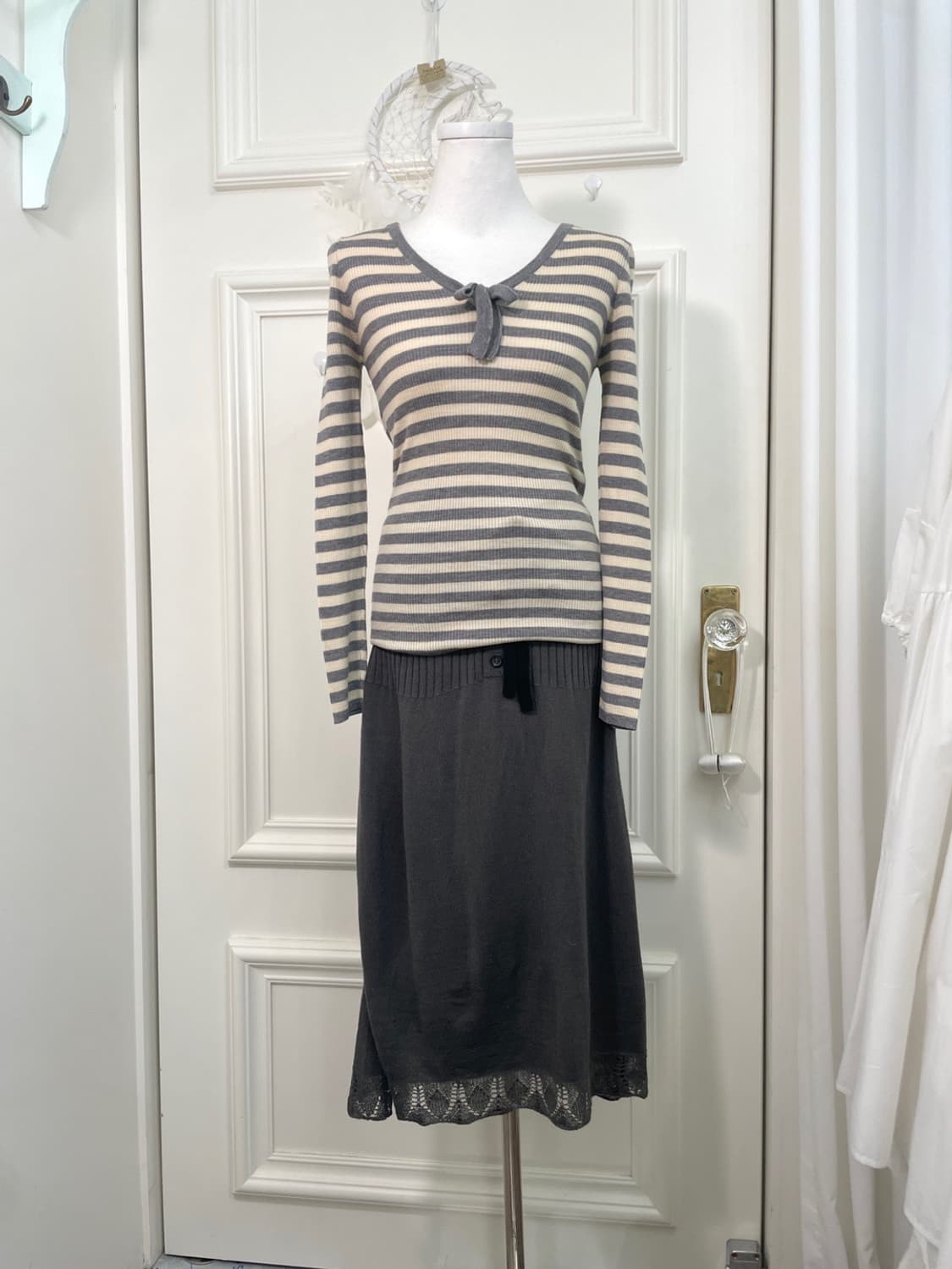 IENA ivory gray stripe bow point wool sl 상품이미지2