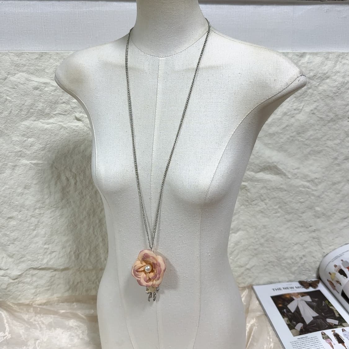 빈티지 망사 플라워 진주 리본 새 쿠바체인 목걸이 상품이미지1