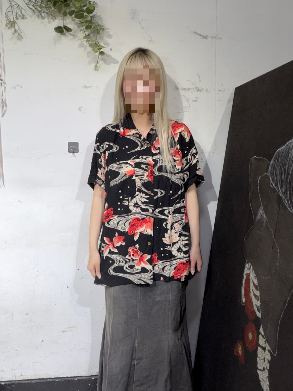 일본빈티지 오리엔탈 패턴 금붕어 프린팅 반팔 셔츠  상품이미지2