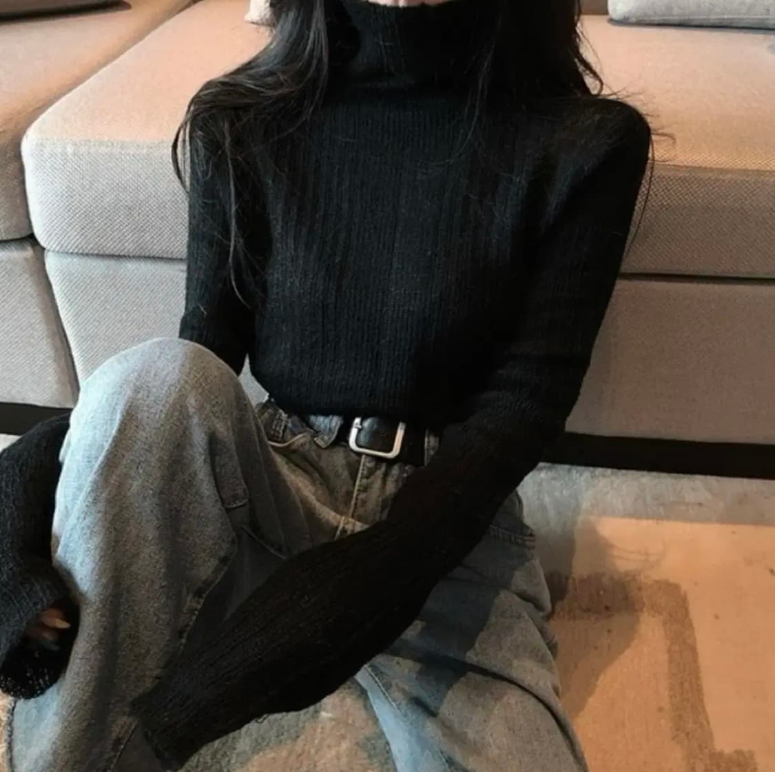 하이넥 터틀 폴라 시스루 니트탑 (블랙,검정) 상품이미지8