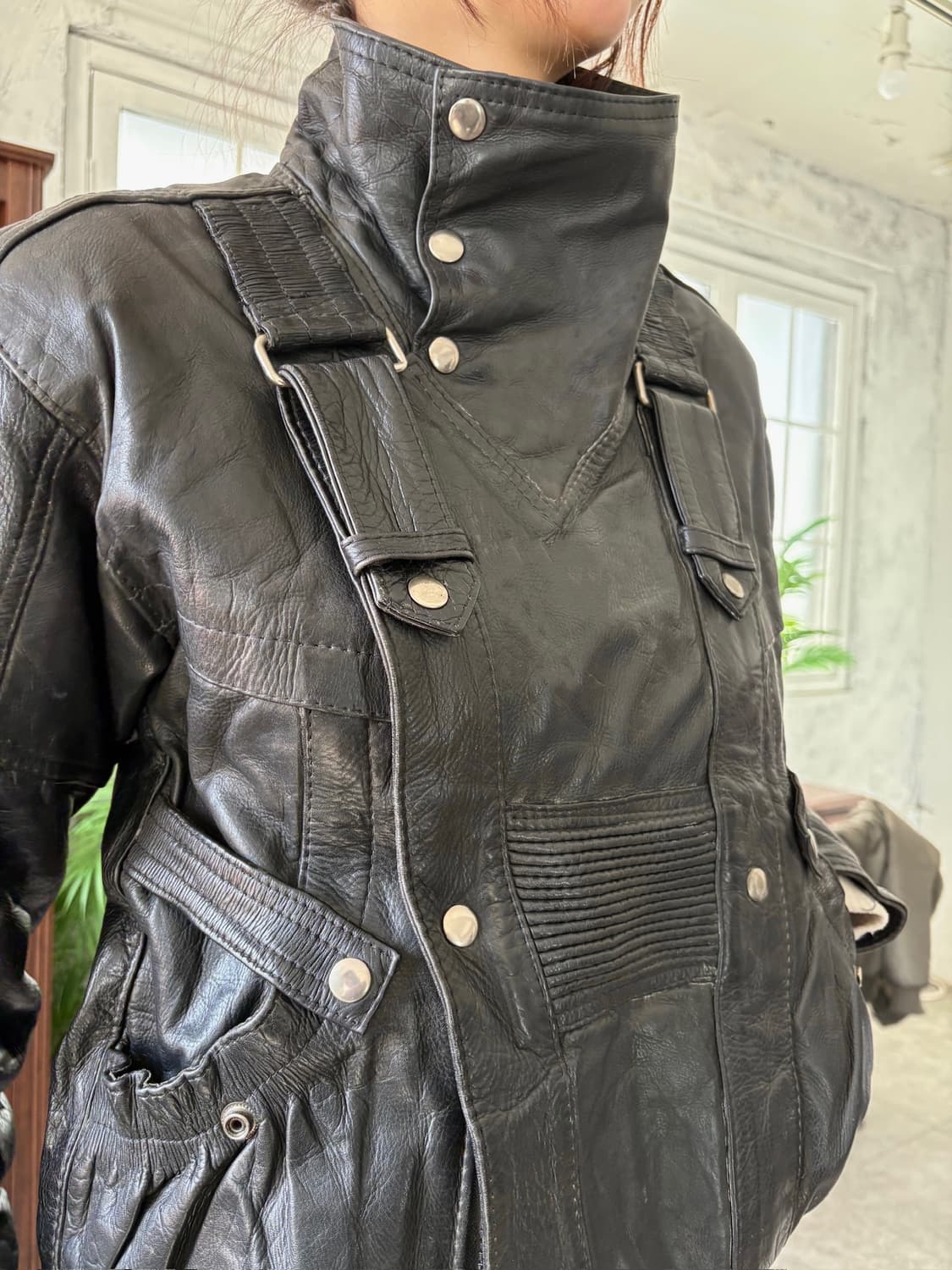 하네스 디테일 바이커 레더 자켓 상품이미지9