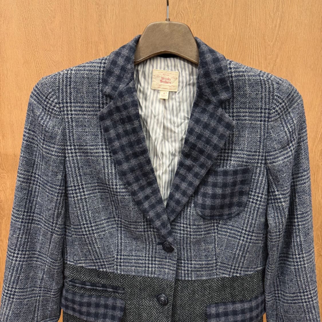 브룩스 브라더스 자켓 숄카라 멀티 체크 패턴 배색 포켓 디테일 그레이 상품이미지4