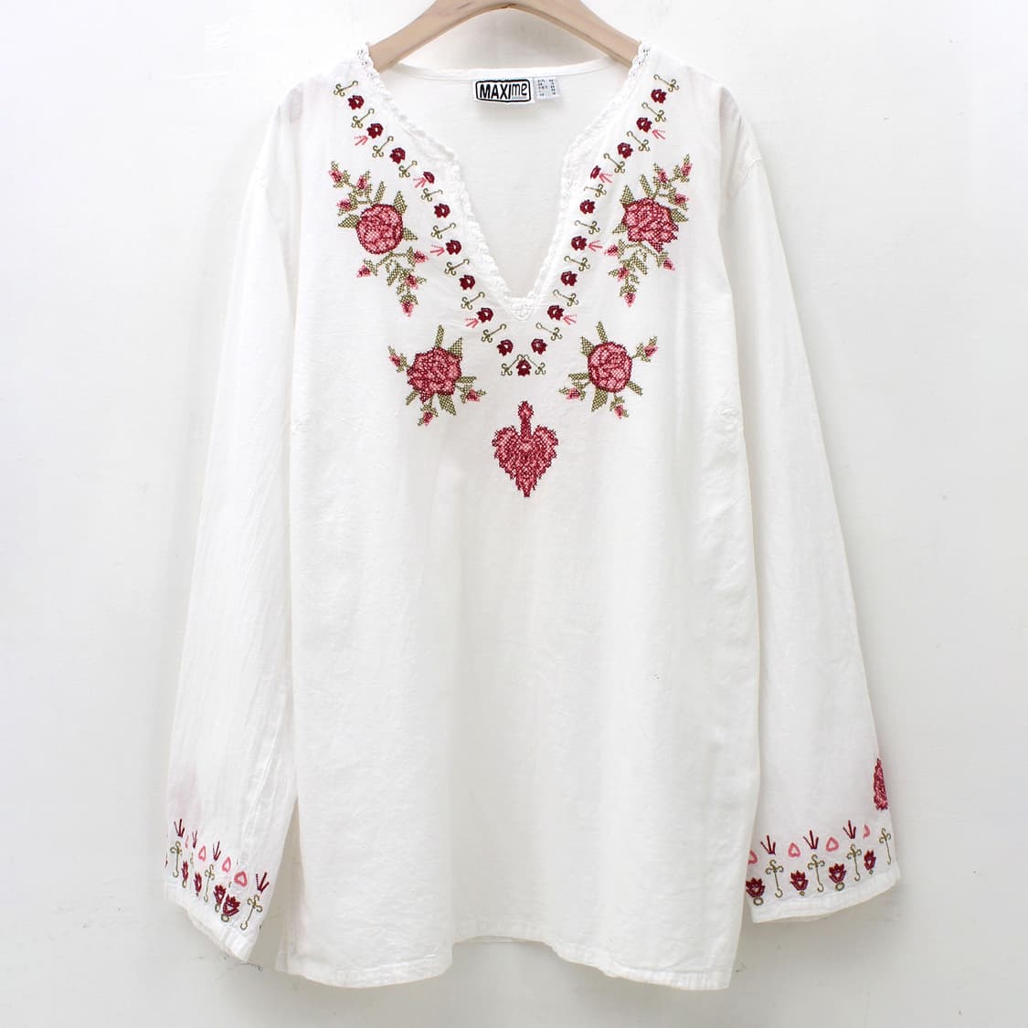 유럽 빈티지 플라워 십자수 자수 레이스 화이트 블라우스 상품이미지1