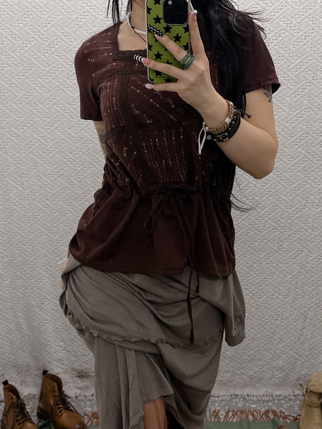 빈티지 초코브라운 레이스 셔링 오리엔탈 자수 반팔티 K0019 상품이미지1