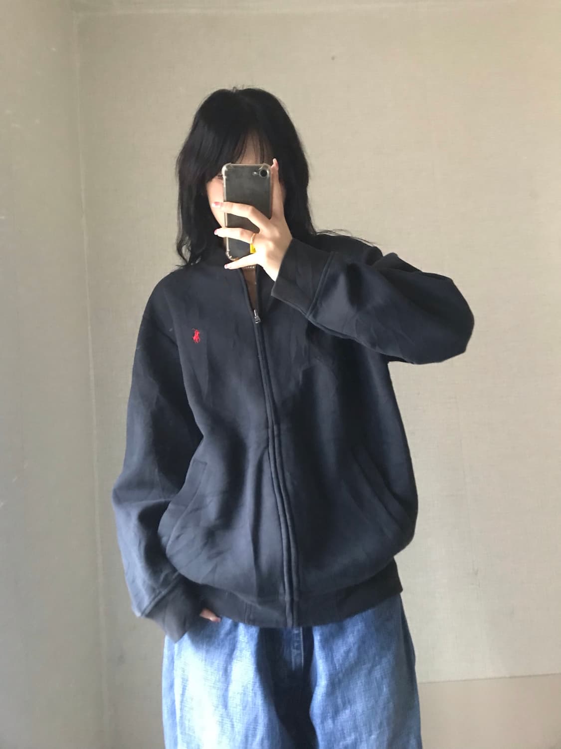 폴로 블랙 레드 오버핏 집업 상품이미지1