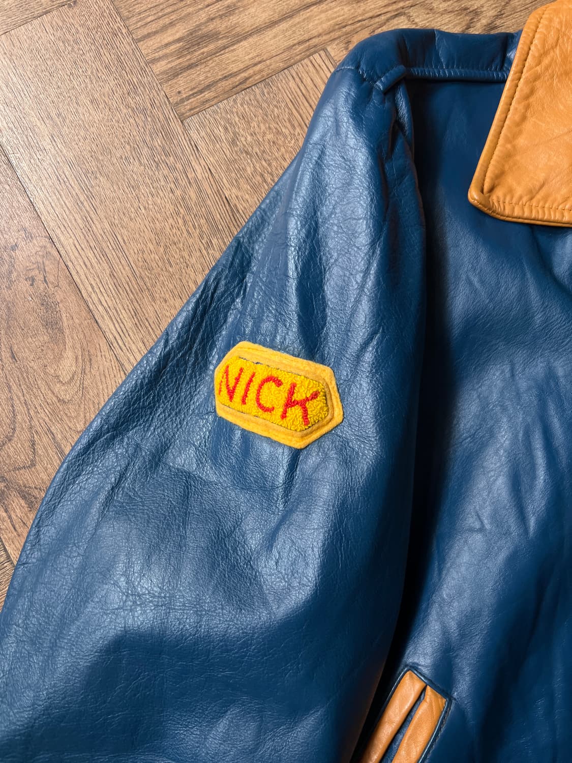 [M]90's USA 빈티지 블루 레더 하키 바시티 자켓 상품이미지4