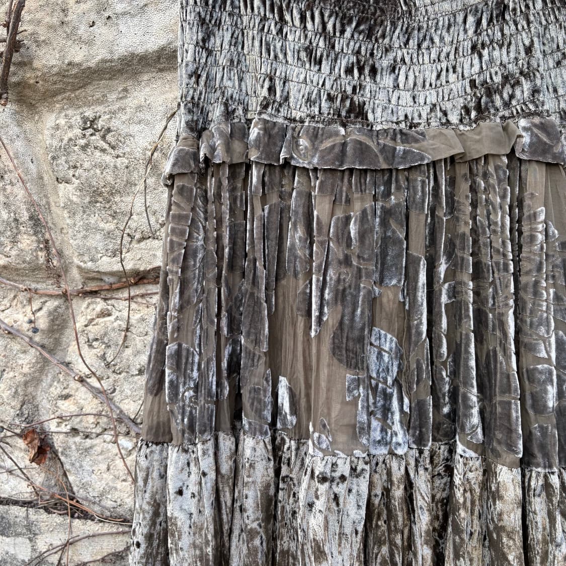 빈티지 엔틱 벨벳 레이어드 셔링 레이스 롱 스커트 상품이미지4