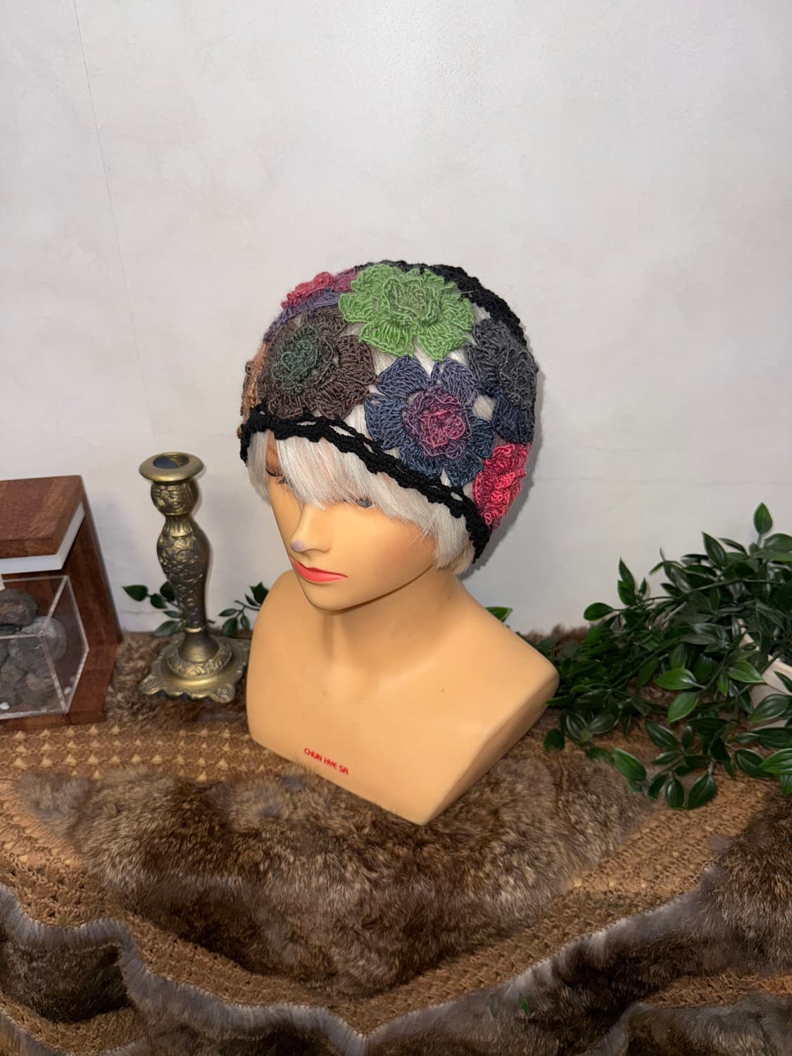 Black color mix flower crochet knit 비니 상품이미지1