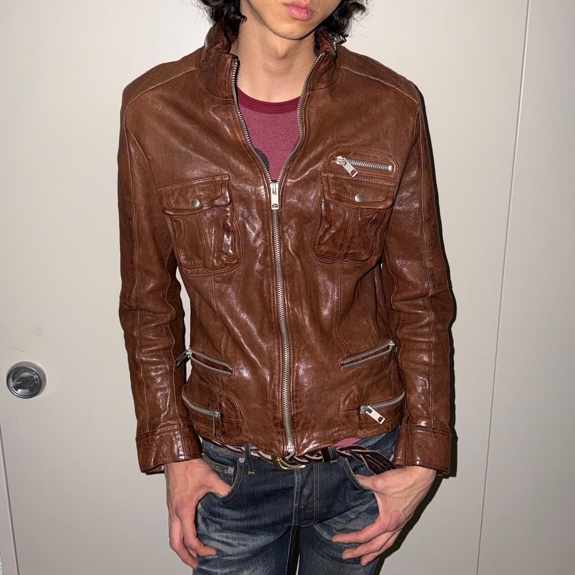 멀티 지퍼 크링클 레더 자켓 상품이미지1