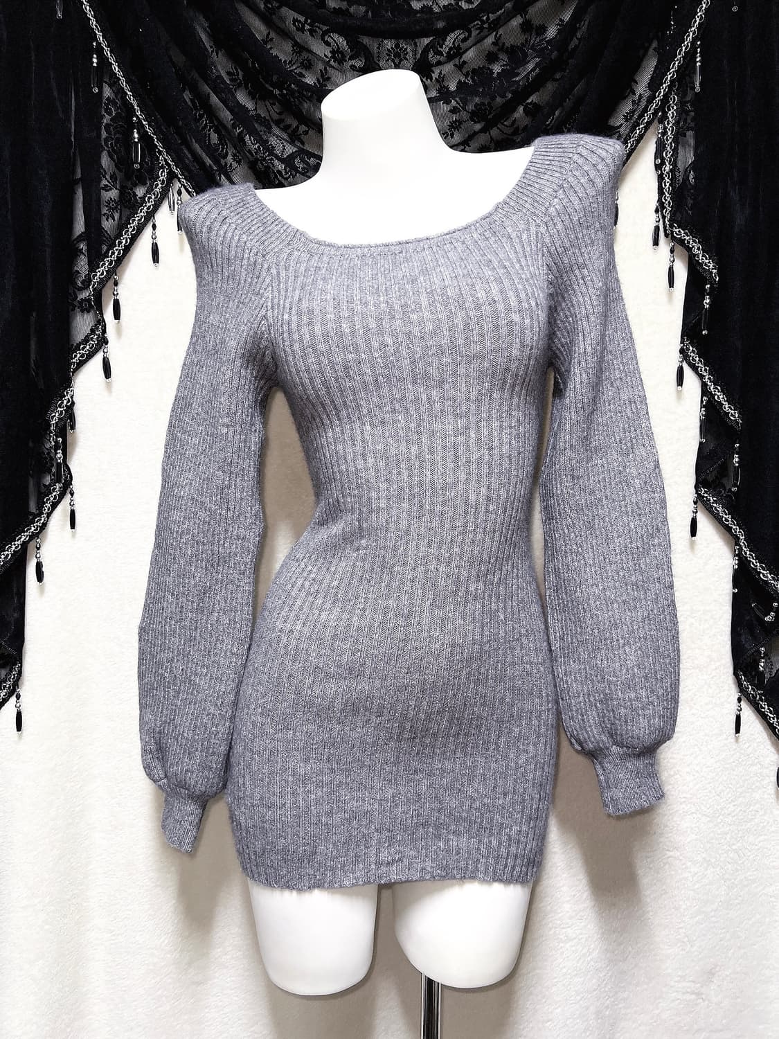 로맨틱갸루 로걀 오네 퍼프 벌룬 오프숄더 니트원피스 섹시 연말 딱붙핏 상품이미지7