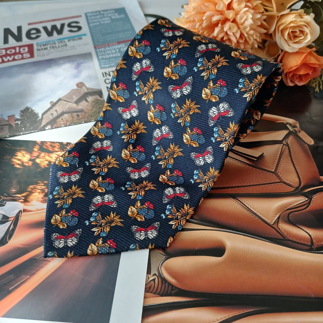 니나리치 실크 네이비 플로럴&나비 넥타이 9.8cm A+등급 A19366 상품이미지4
