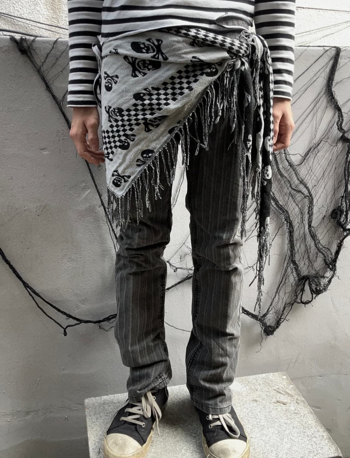 2000s JPN vtg 락시크 그레이 스트라이프 팬츠 상품이미지1