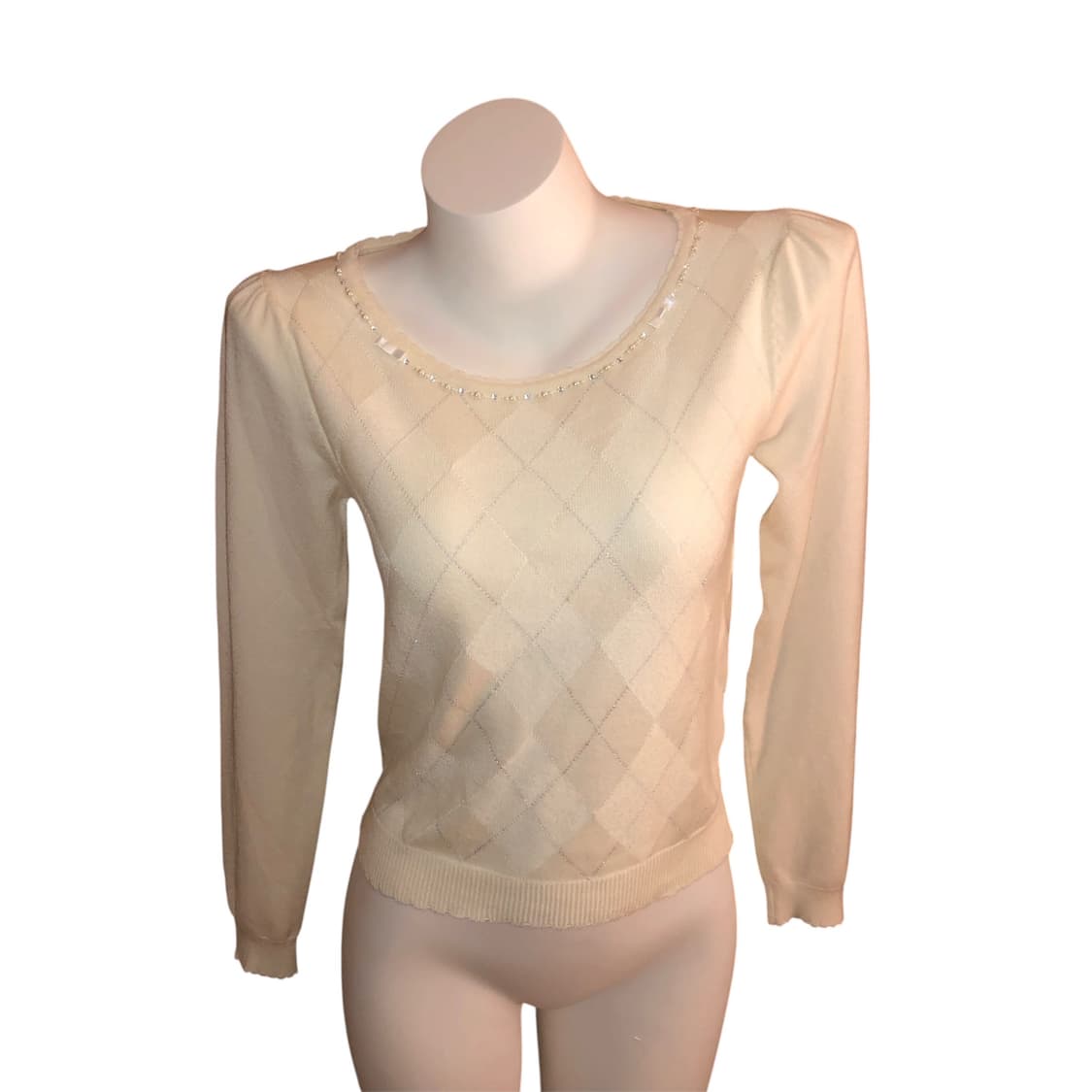 비즈 진주 리본 디테일 백 포인트 글리터 아가일 니트 상품이미지2