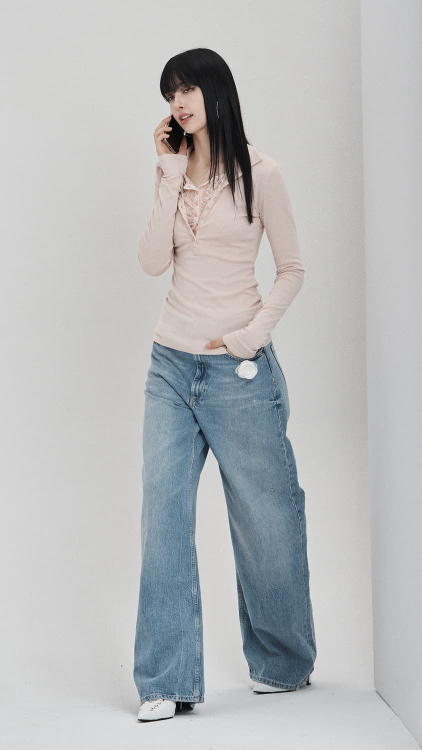 일리오 핑크 레이스 레이어드 롱슬리브 폴로 셔츠 M 상품이미지1