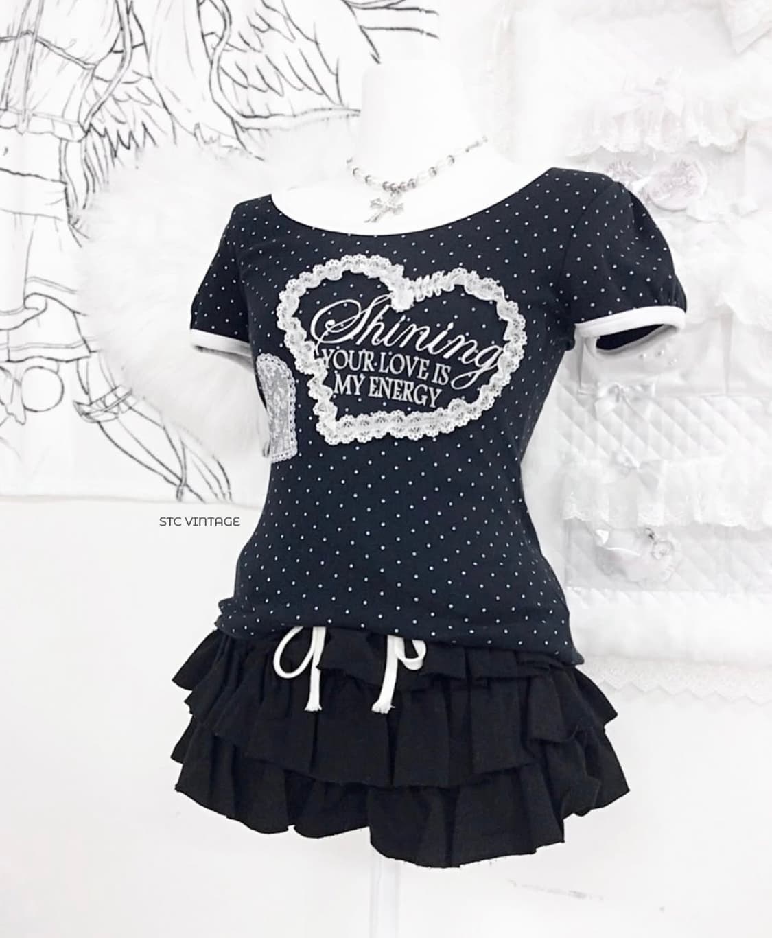 네이비 도트 레이스 하트 링거탑 반팔티 화이트 러블리 빈티지 상품이미지1