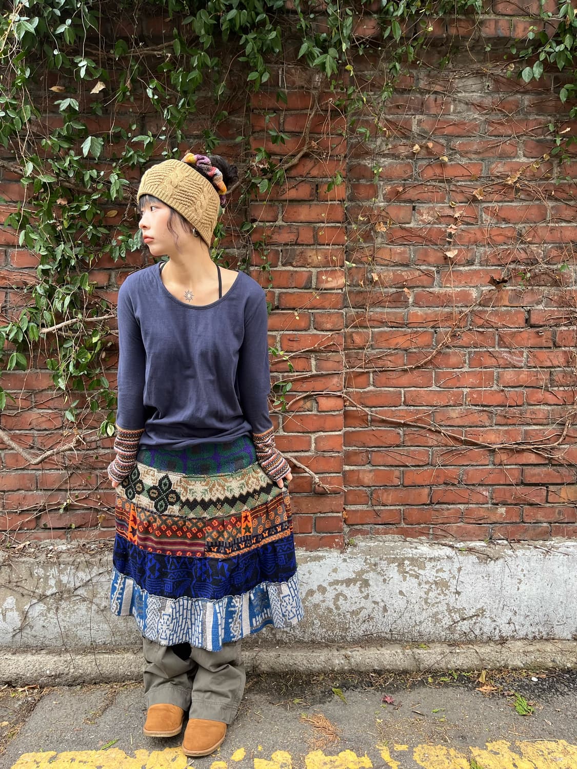 히피 니트 패치 미디스커트 상품이미지1