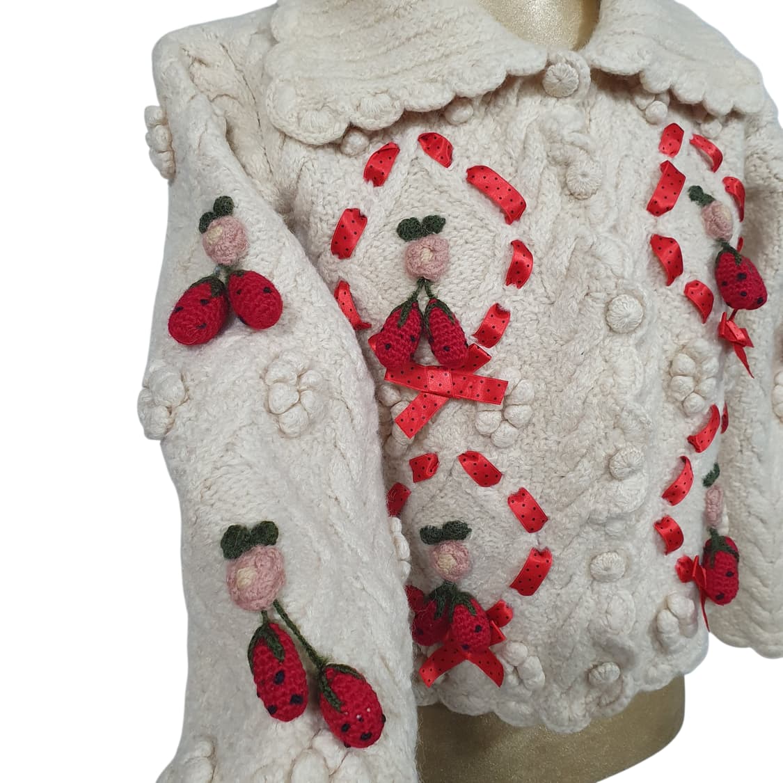 모리걸 페어리 지뢰계 히메갸루 딸기 리본 모티프 울 가디건 상품이미지4