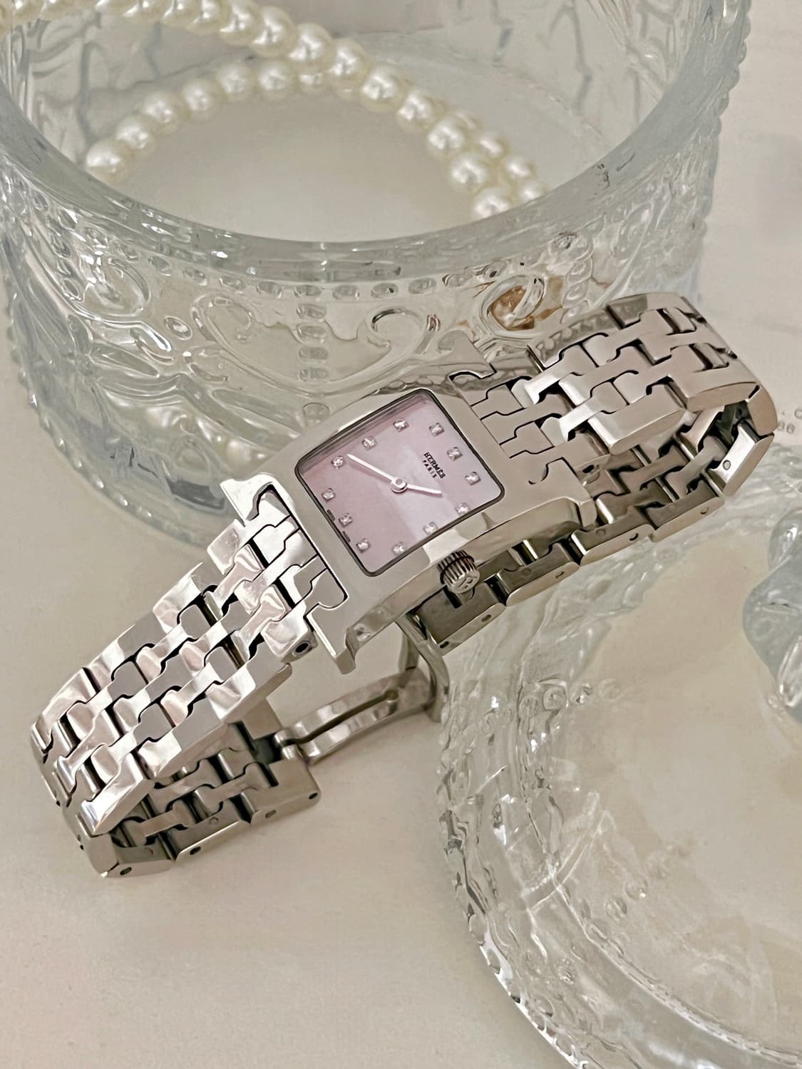 HERMES 에르메스 12p 다이아 핑크 쉘 H 아워 시계 상품이미지3