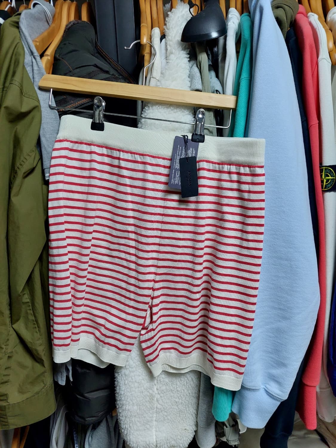 프라다 실크 레드화이트 스트라이프 쇼츠 48 백화점판 상품이미지5