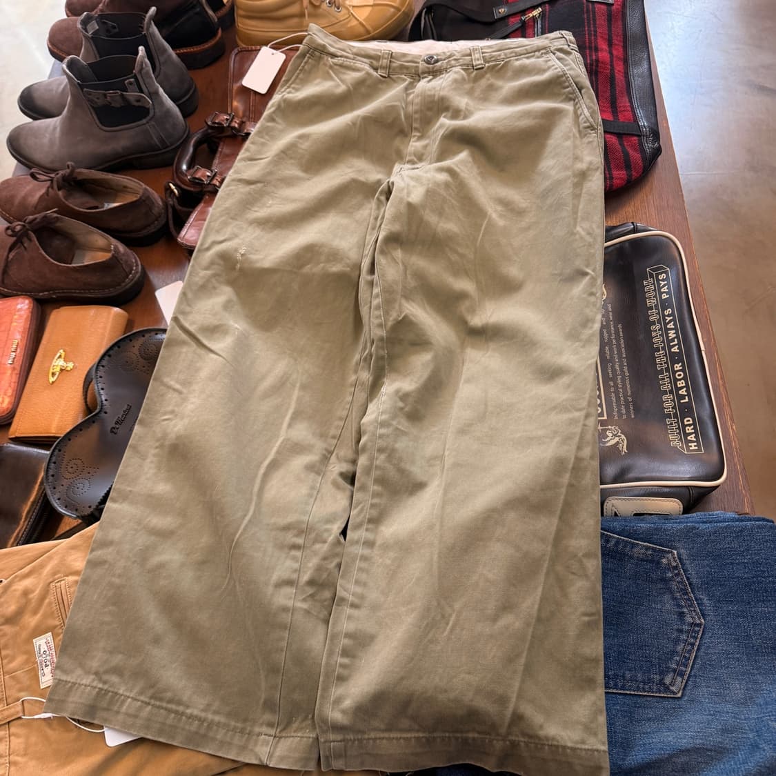 쇼트 NYC 일본생산 올리브 치노 팬츠 데미지 힐바이트 30 31 상품이미지1