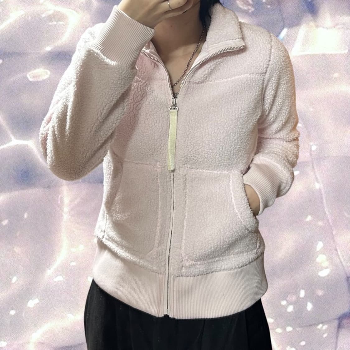 아디다스 대장 일본판 빅로고 쉐르파 플리스 후리스 양털 집업 베이비 핑크 상품이미지3