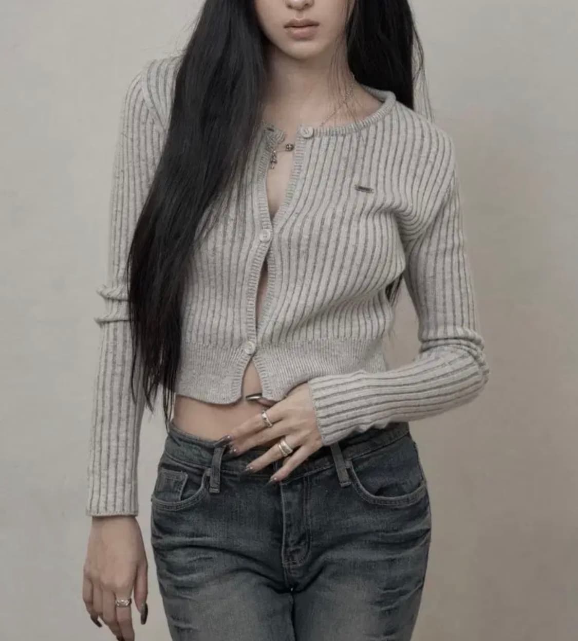 카키포인트 투톤 리브드 가디건 멜란지 상품이미지1