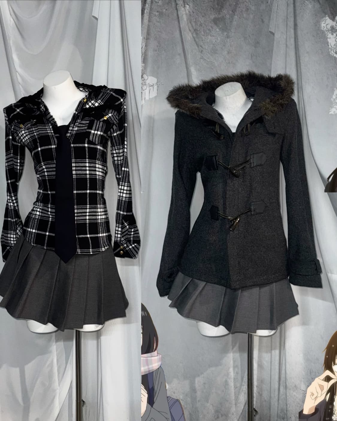 사와코깔 트랄라라 체크 무채색 니혼진 떡볶이 퍼 후드 코트 코디세트 상품이미지1