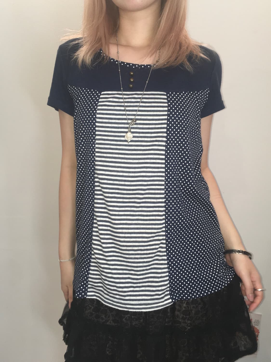 jpn vintage dot stripe patchwork t shirt 상품이미지2