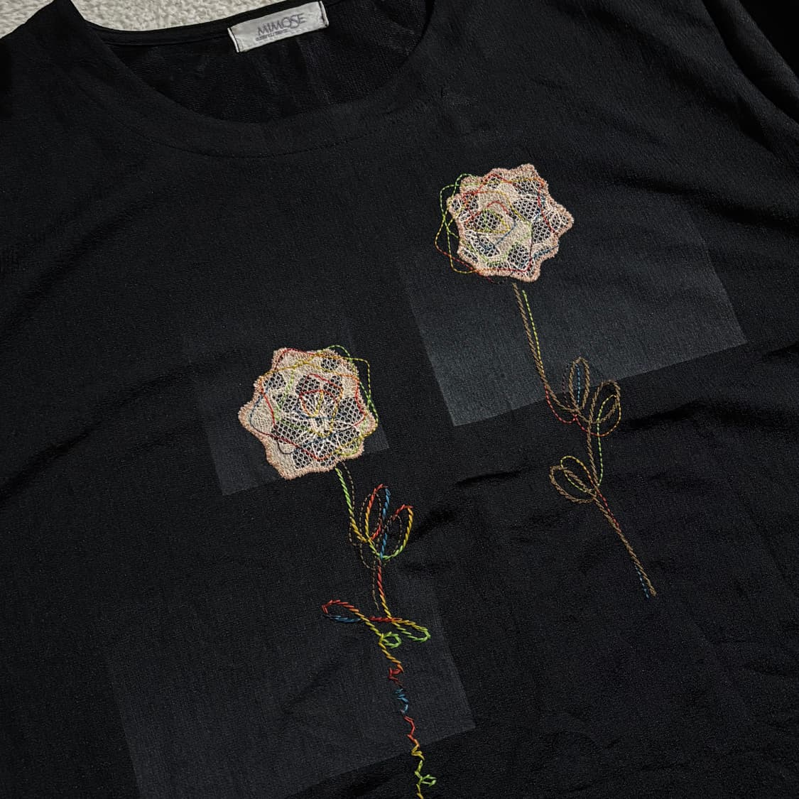 일본빈티지 Mimose 달천깔페어리 자수 플라워 반팔 티셔츠 상품이미지2