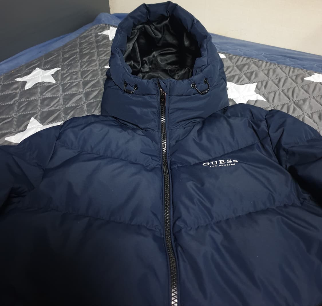 게스 오버사이즈 오리털 후드 롱패딩 네이비 (XS) 상품이미지2