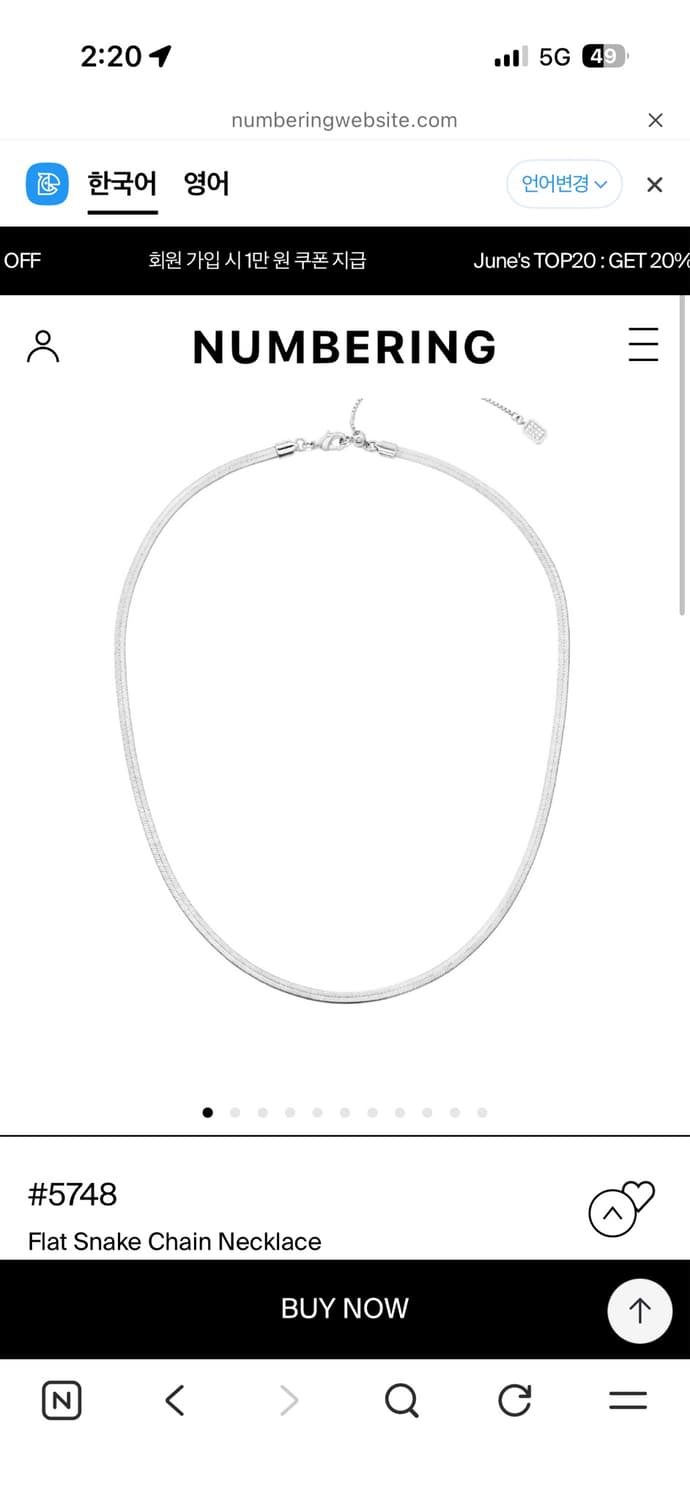 넘버링 #5748 Flat Snake Chain Necklace 상품이미지1
