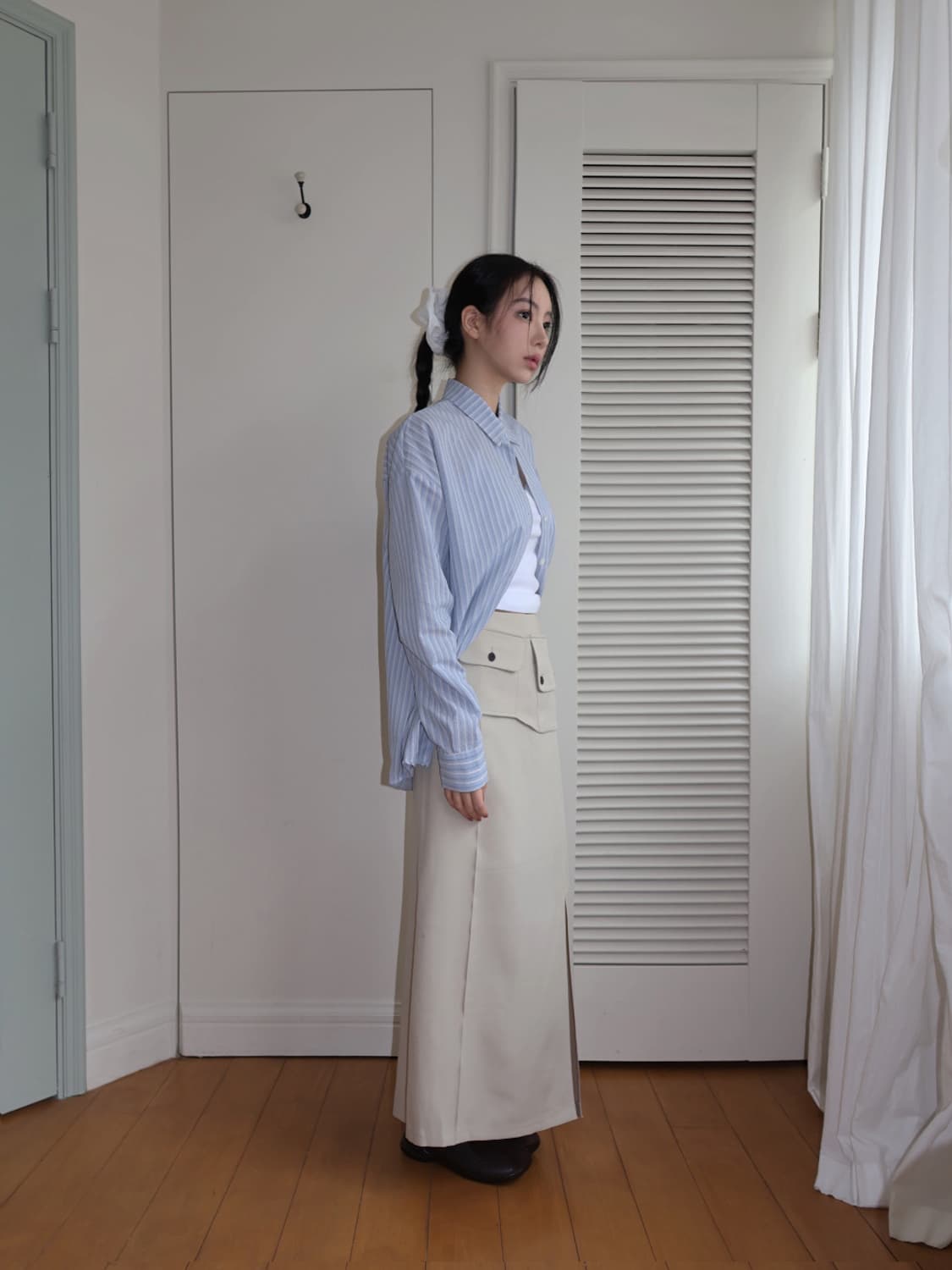 새상품) 포켓 레이어드 롱 스커트 베이지 상품이미지4