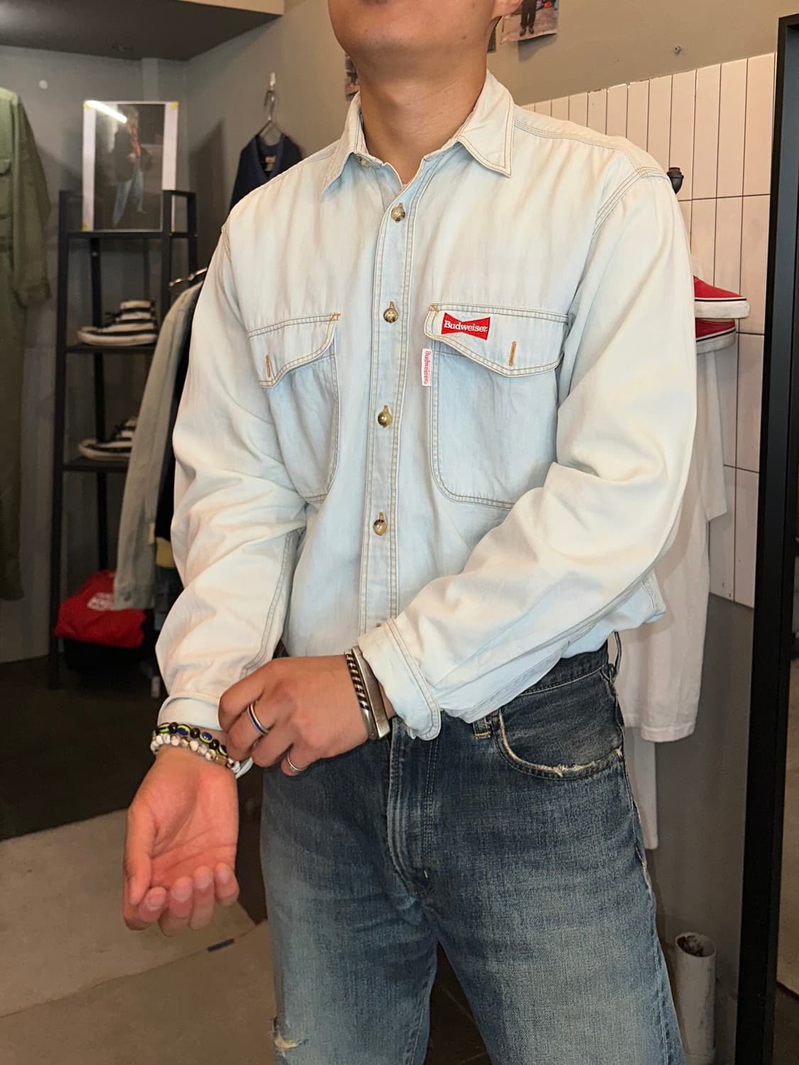 90’s Budweiser logo denim washed shirt 상품이미지2