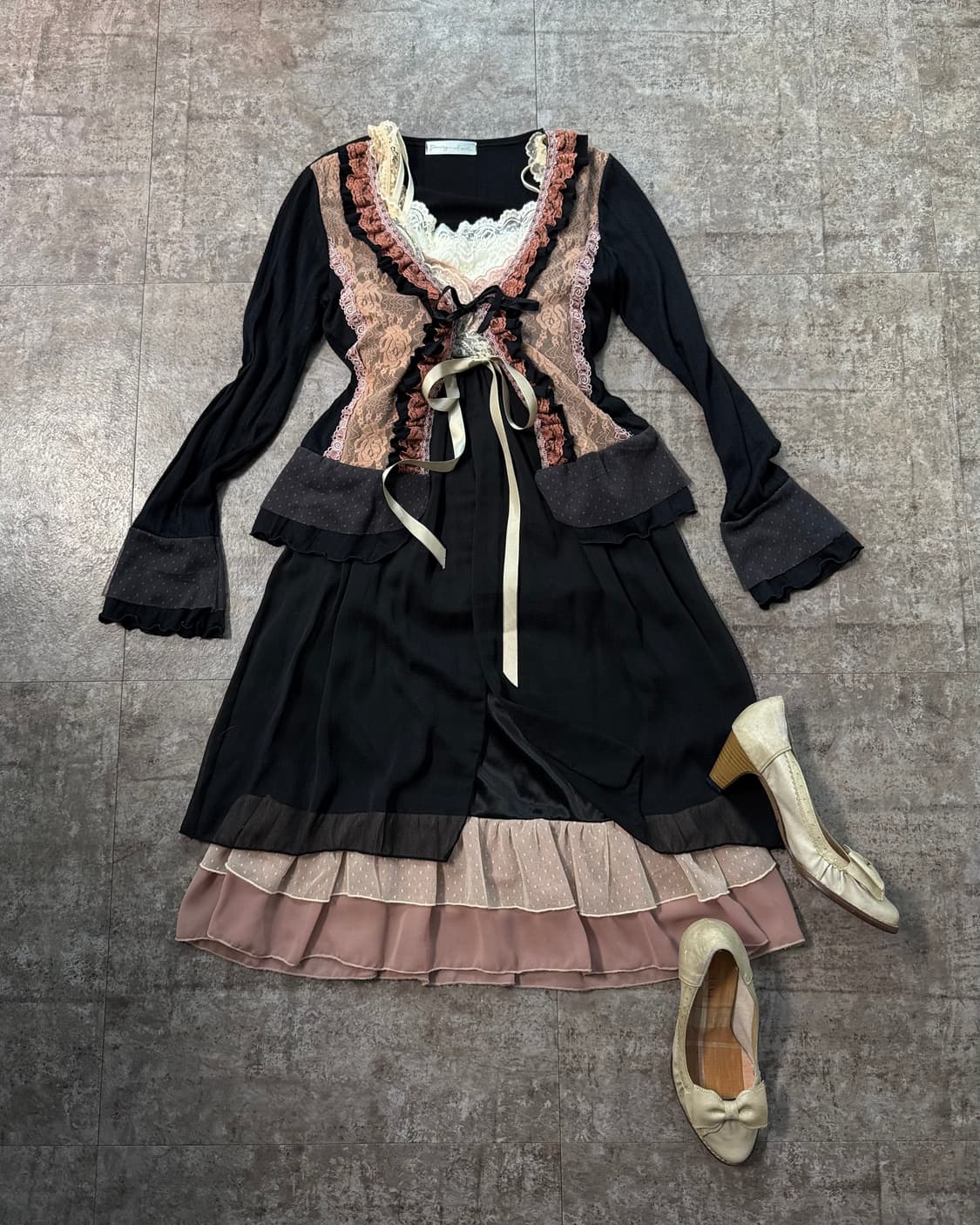 레이스 레이어드 가디건 슬리브리스 원피스 3pcs SET 상품이미지1