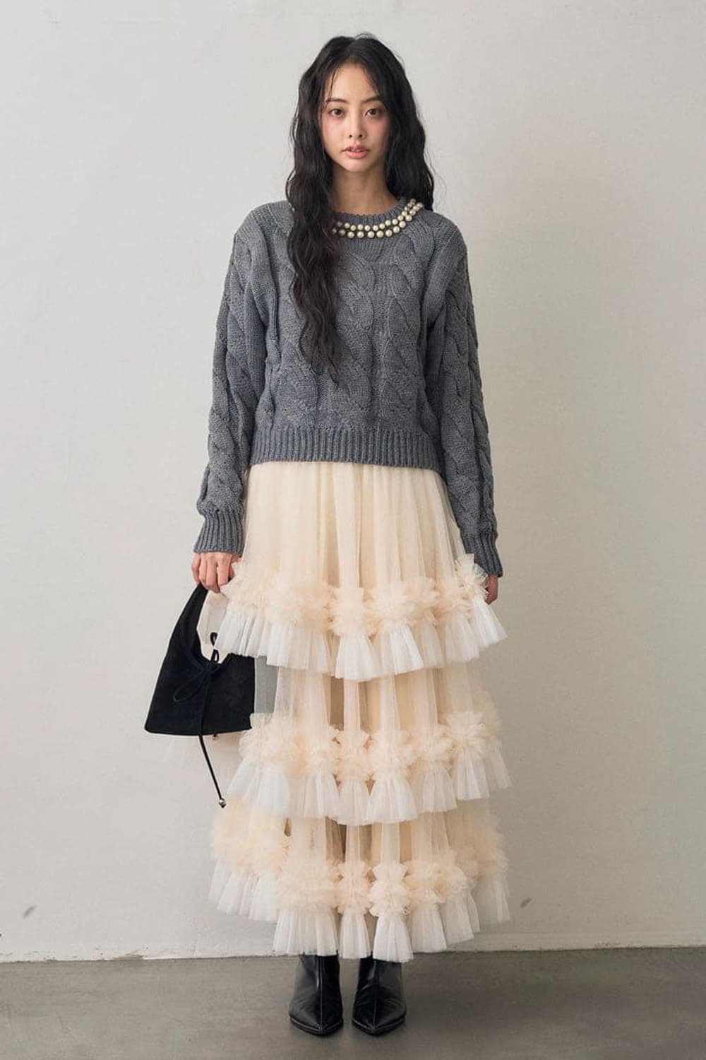 배색 프릴 티어드 밴딩 스커트 여성free 상품이미지1