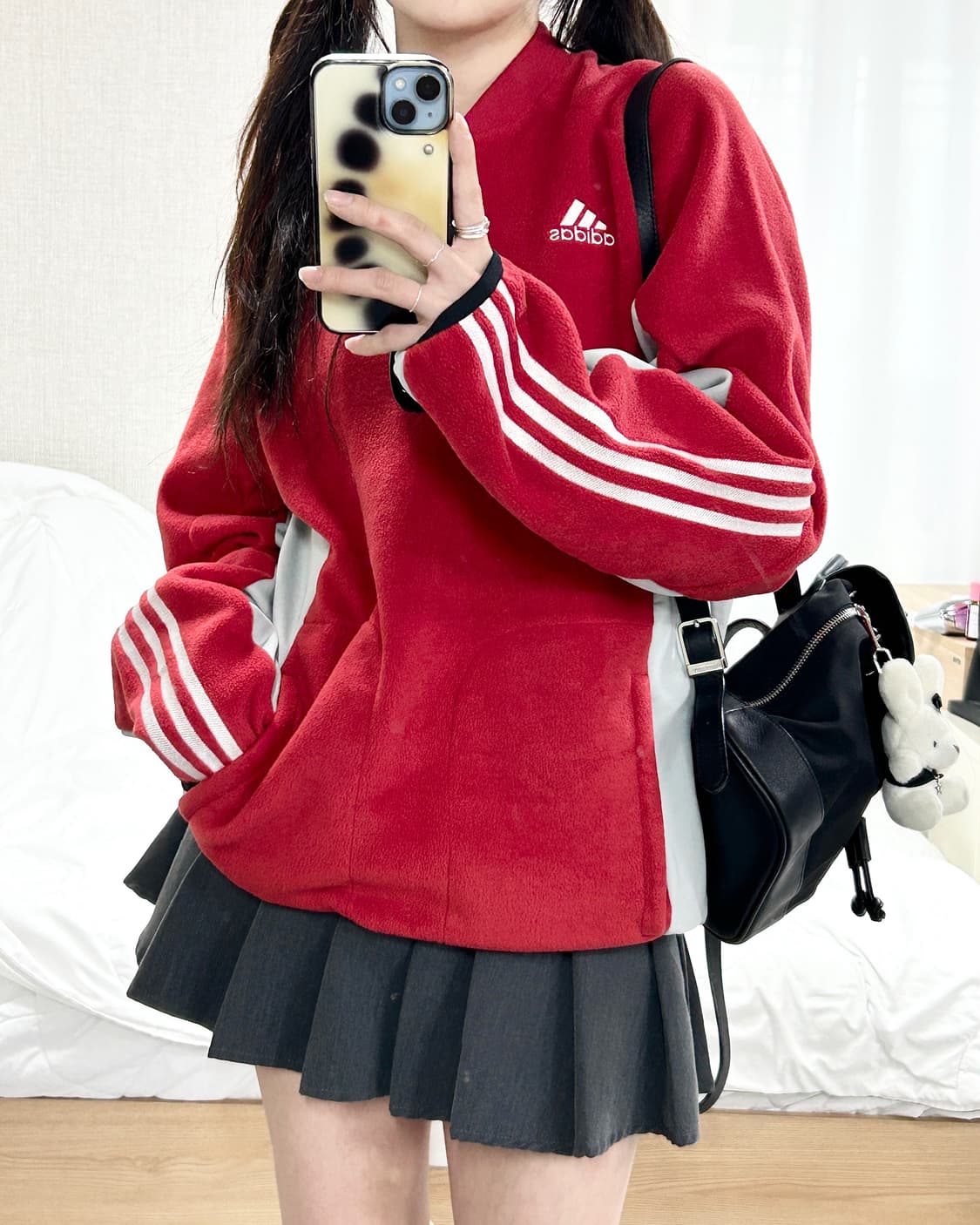 아디다스 레드 삼선 플리스 반집업 상품이미지4