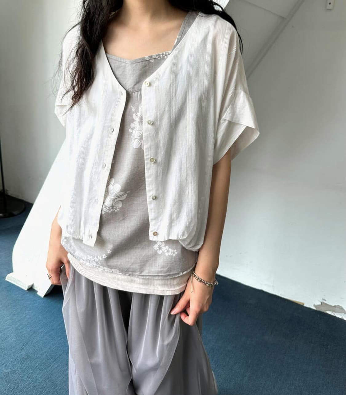 Wide design jacquard fabric shirt top 상품이미지9
