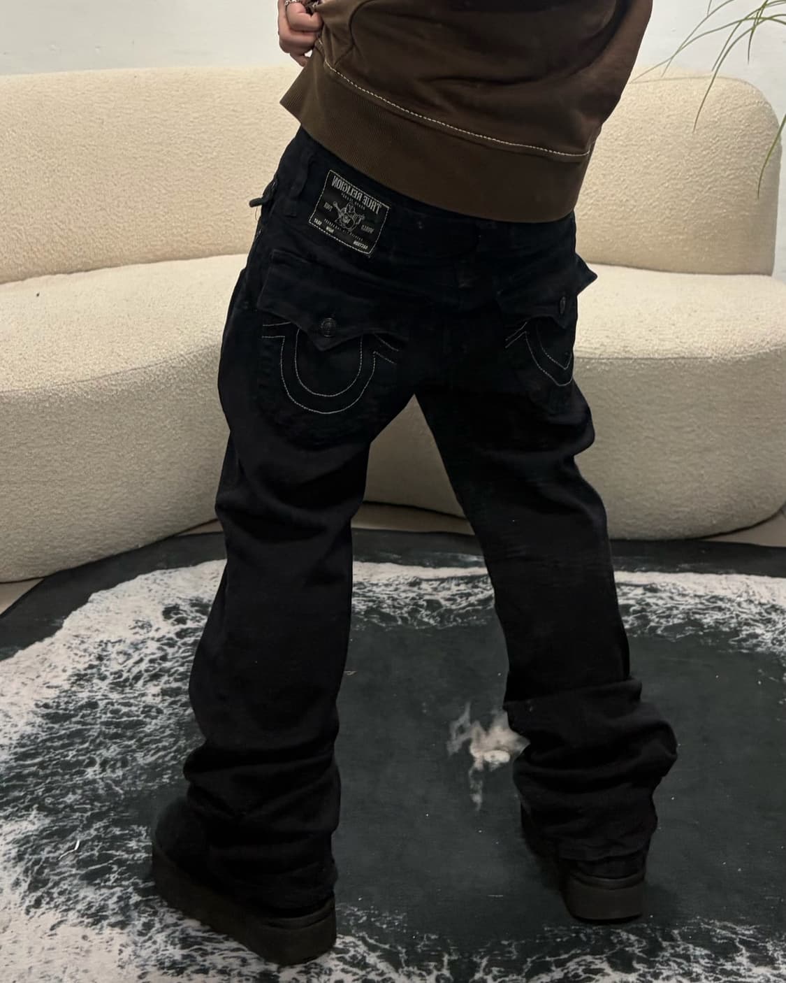 90s TRUERELIGION 블랙 스티치 코튼 스트레이트팬츠 상품이미지1