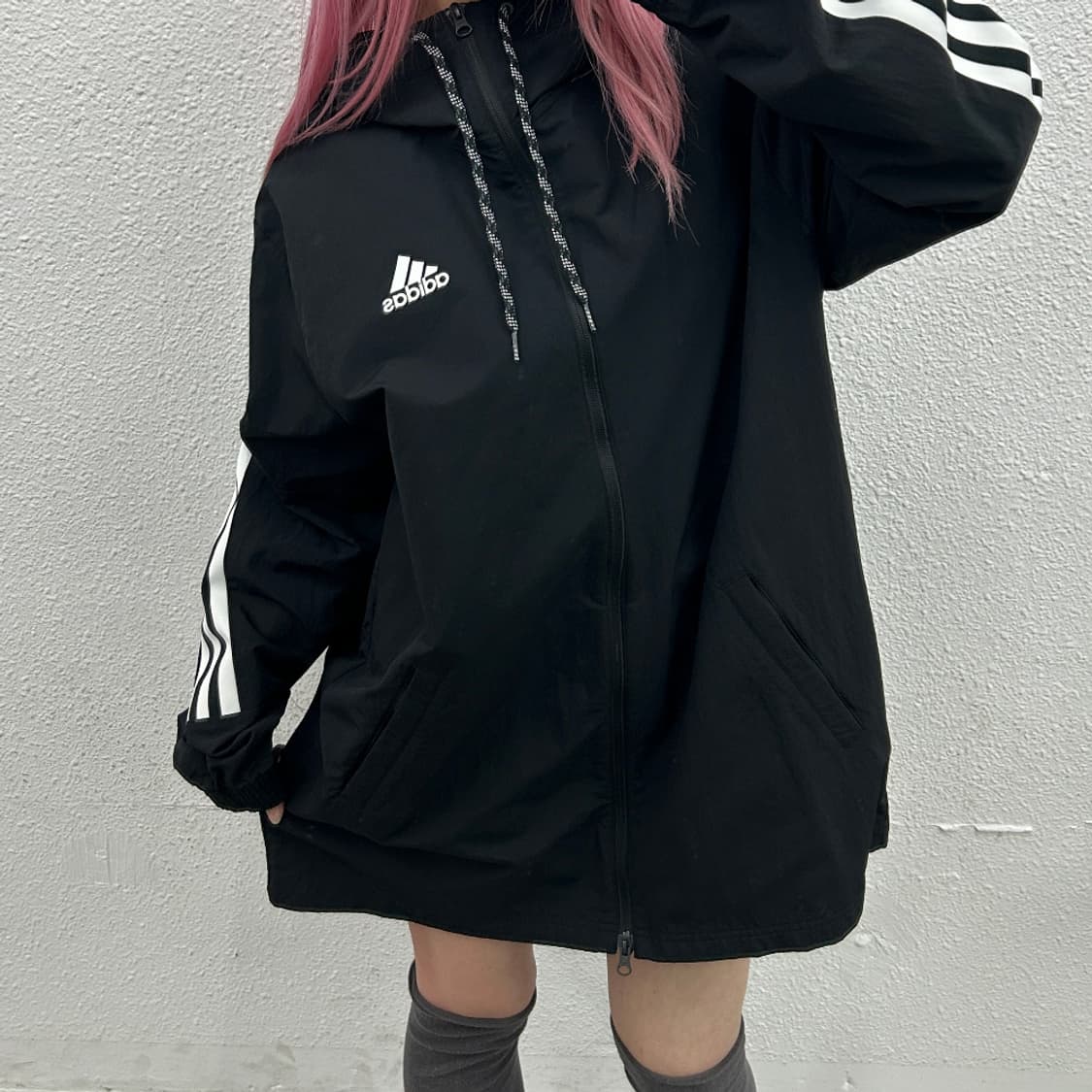 아디다스 에센셜로고 블랙 롱 후드 바람막이 2XL 상품이미지4