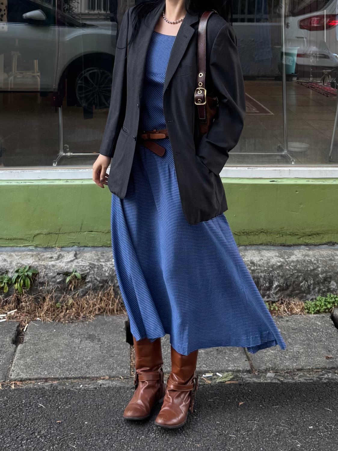 Belle Ballade 블루 체크 패턴 비대칭 반팔 롱 원피스 상품이미지9