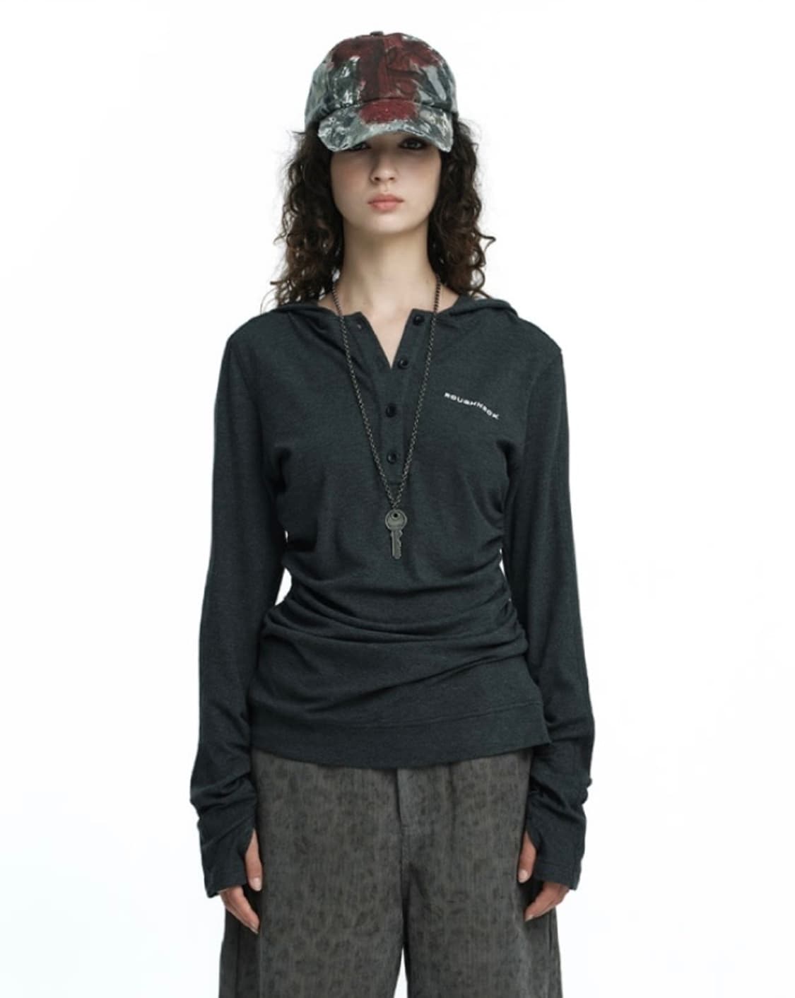 러프넥 Henley Hooded 롱슬리브 탑 그레이 S 상품이미지1