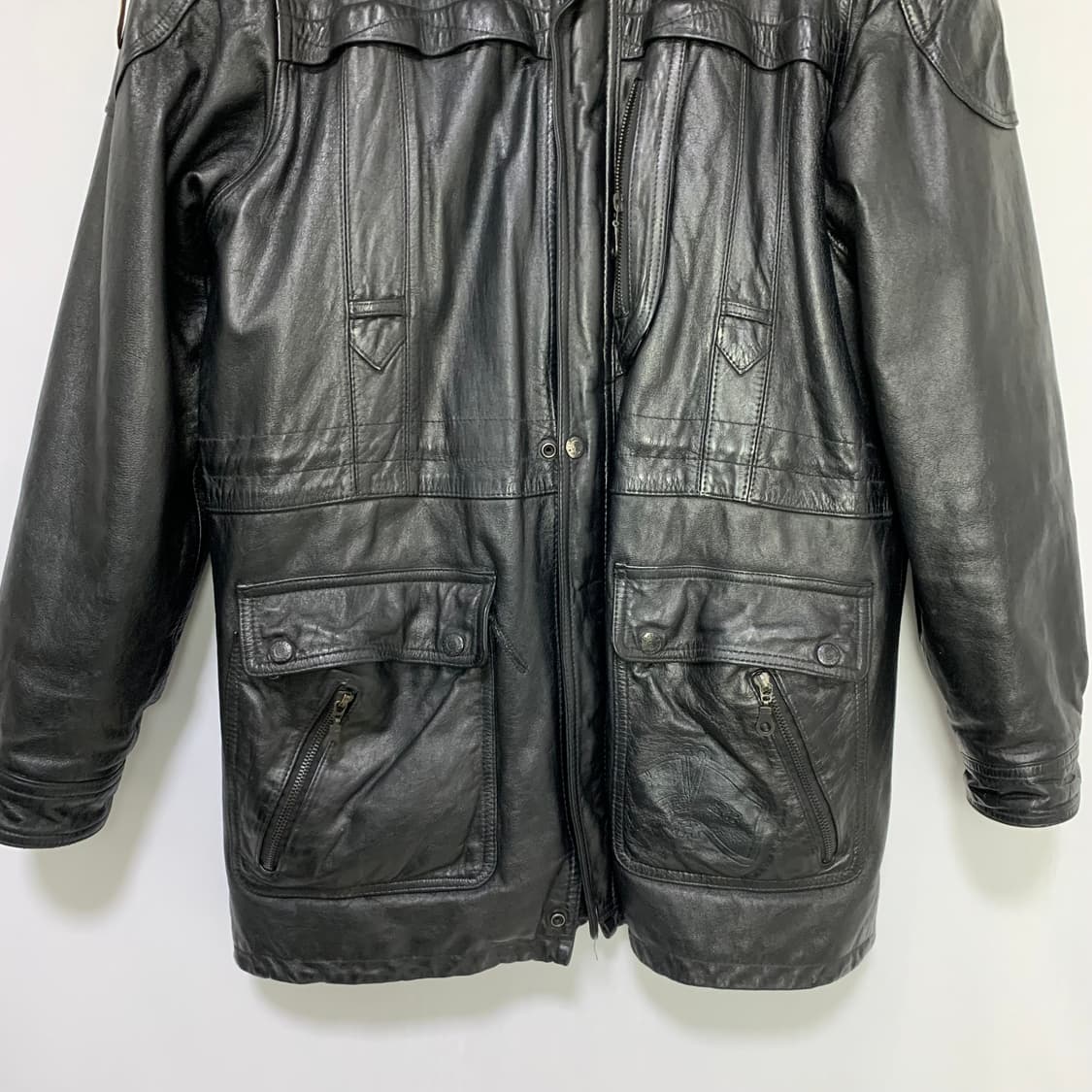 빈티지 지퍼 벨트 디테일 블랙 소가죽 자켓 하프코트 리얼레더 남성 M 상품이미지4