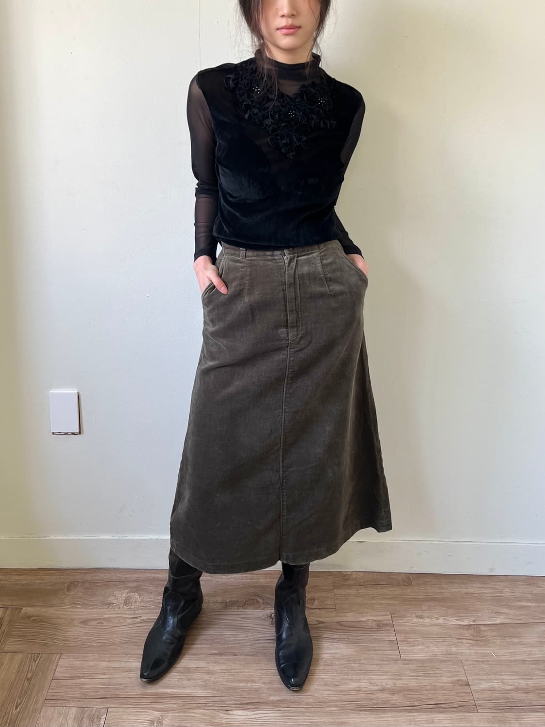 Japan vtg 올리브 코듀로이 스커트 상품이미지4